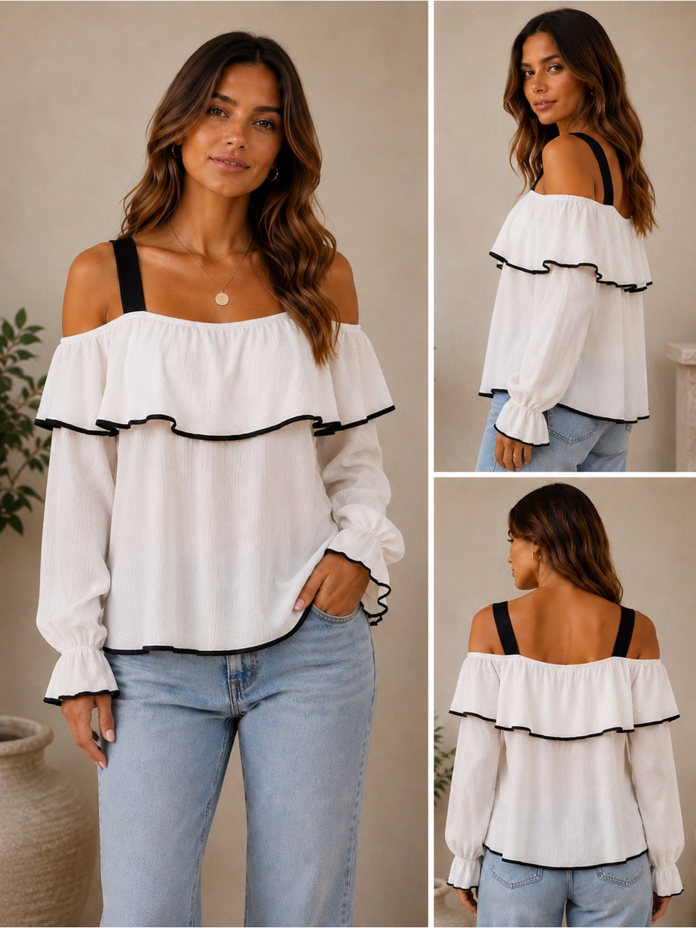 INC International Concepts White Off-Shoulder Ruffle Blouse with Black Trim